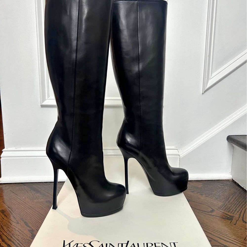 New Women’s Authentic YSL Tribute Boots Black Leather Size 37. In original box